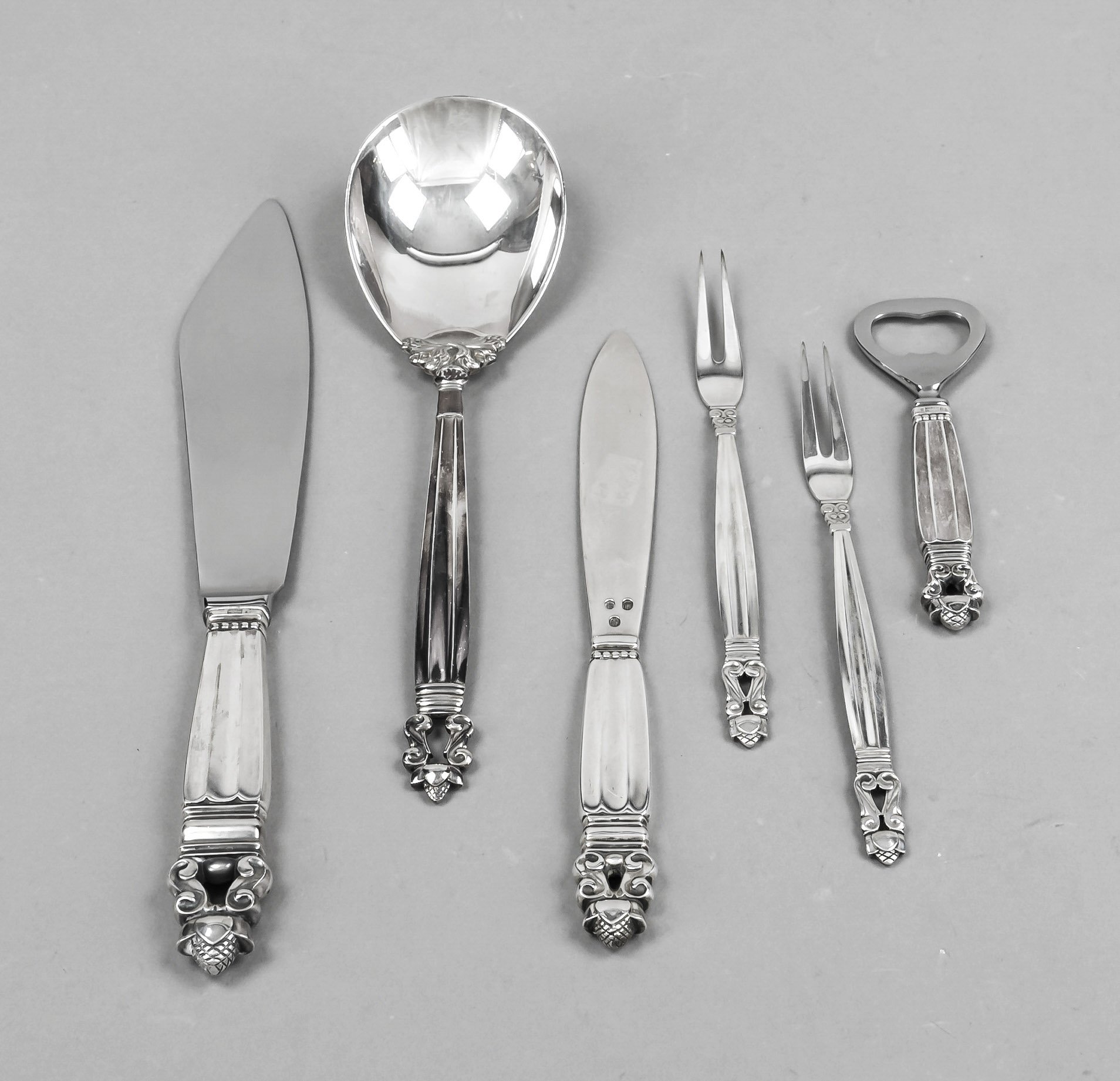 Six serving pieces, Denmark, mark after 1945, master's mark Georg Jensen, Copenhagen, sterling