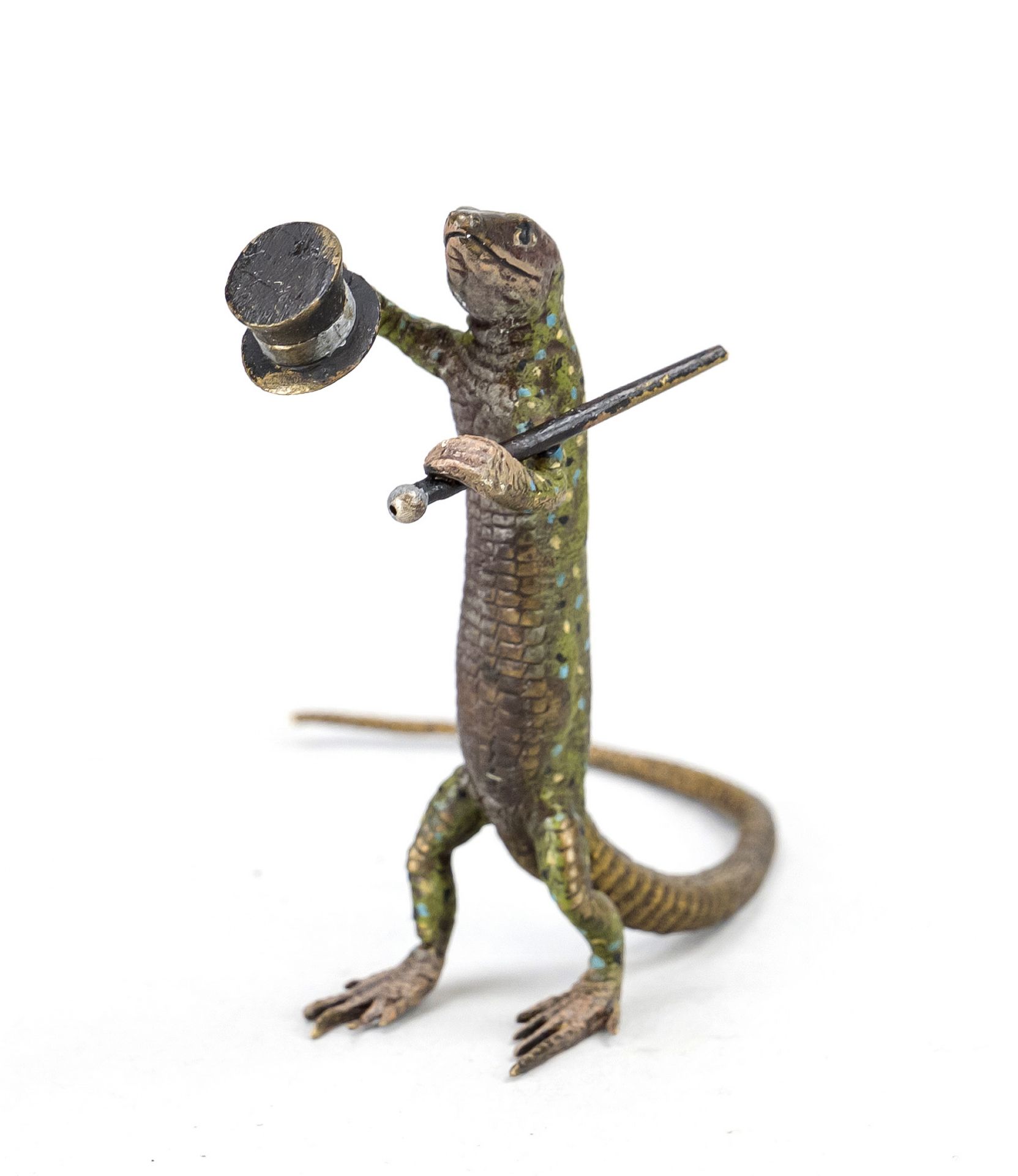 Small bronze in the style of Viennese bronzes, 20th century, lizard with top hat, polychrome cold-