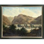 Anonymous artist of the 19th century, View of a valley with houses surrounded by rocks, oil on