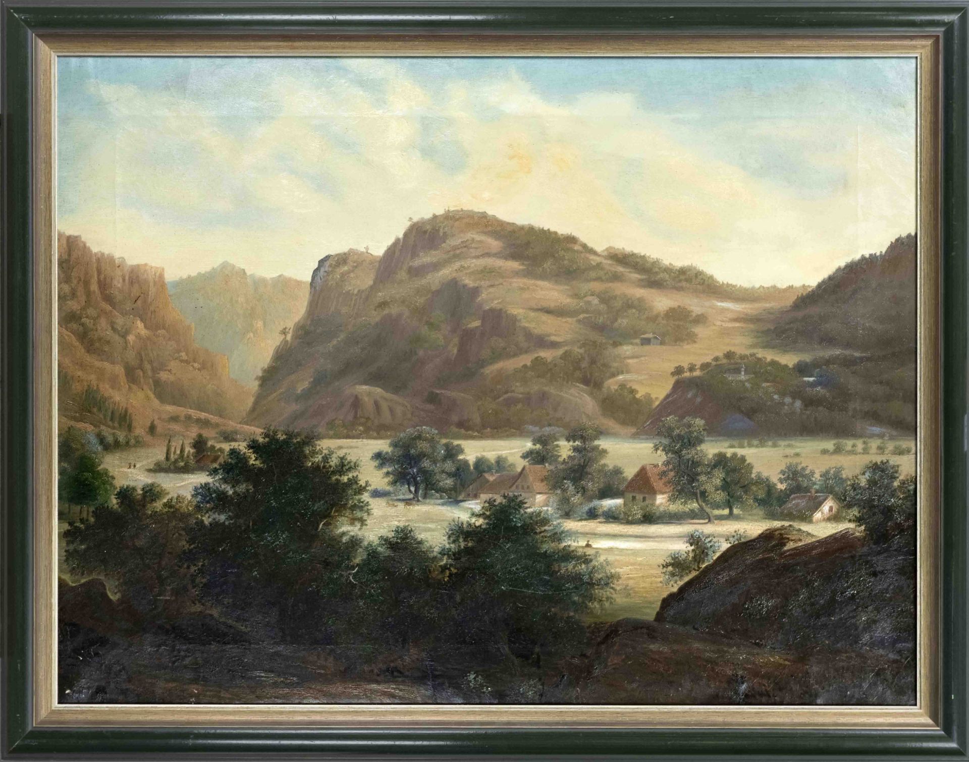 Anonymous artist of the 19th century, View of a valley with houses surrounded by rocks, oil on