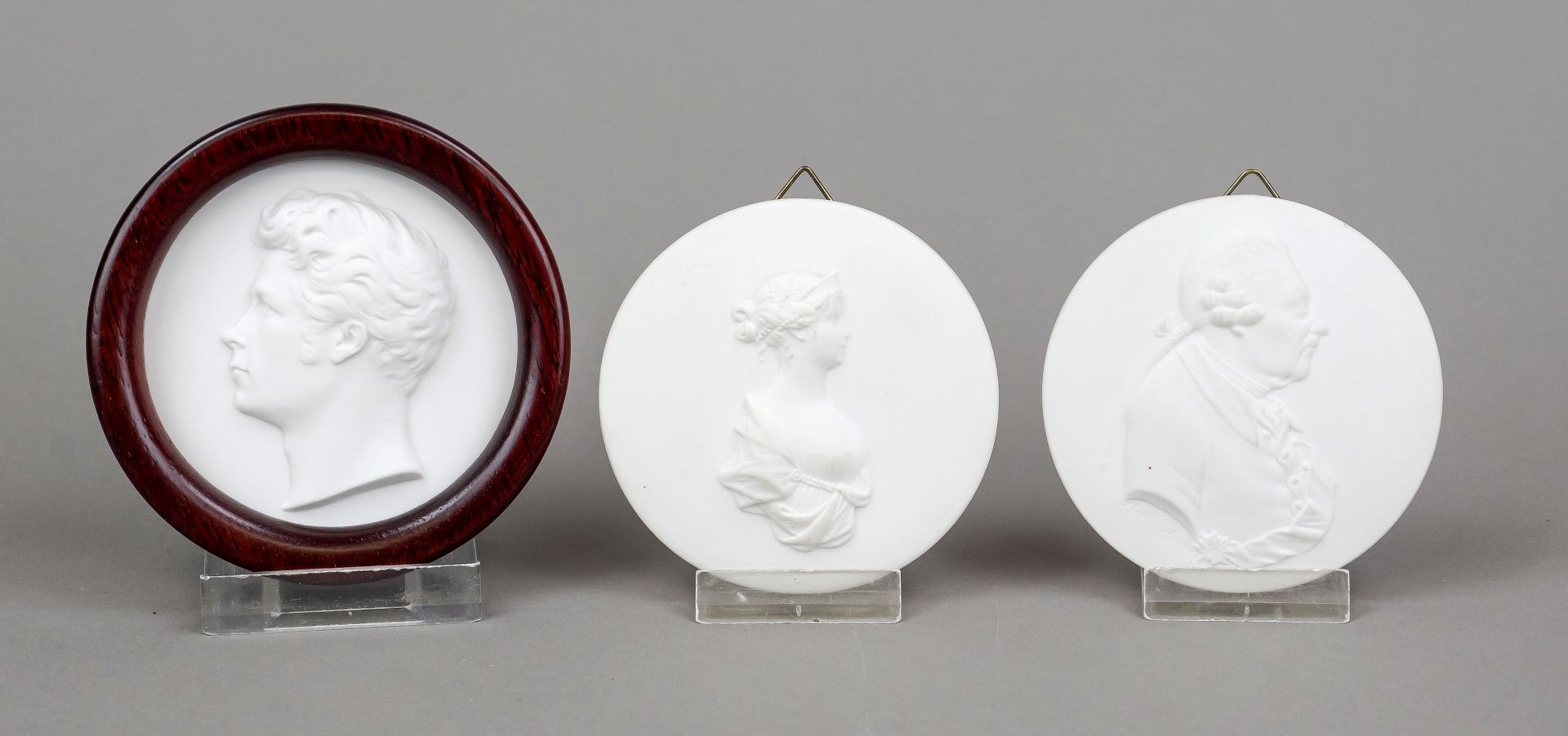 Three portrait medallions, KPM Berlin, marks 1962-92, 1st and 2nd choice, bisque, tondi with