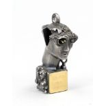 Futuristic head, cast silver. Gilt, engraved metal plaque on the front, monogrammed 'CH' on the