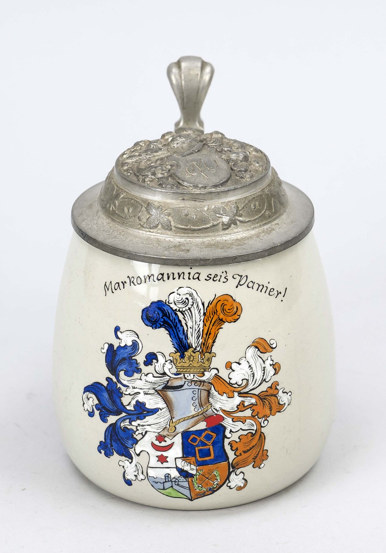 Student jug, c. 1900, stoneware with gray glaze and painted coat of arms ''Markomannia sei's