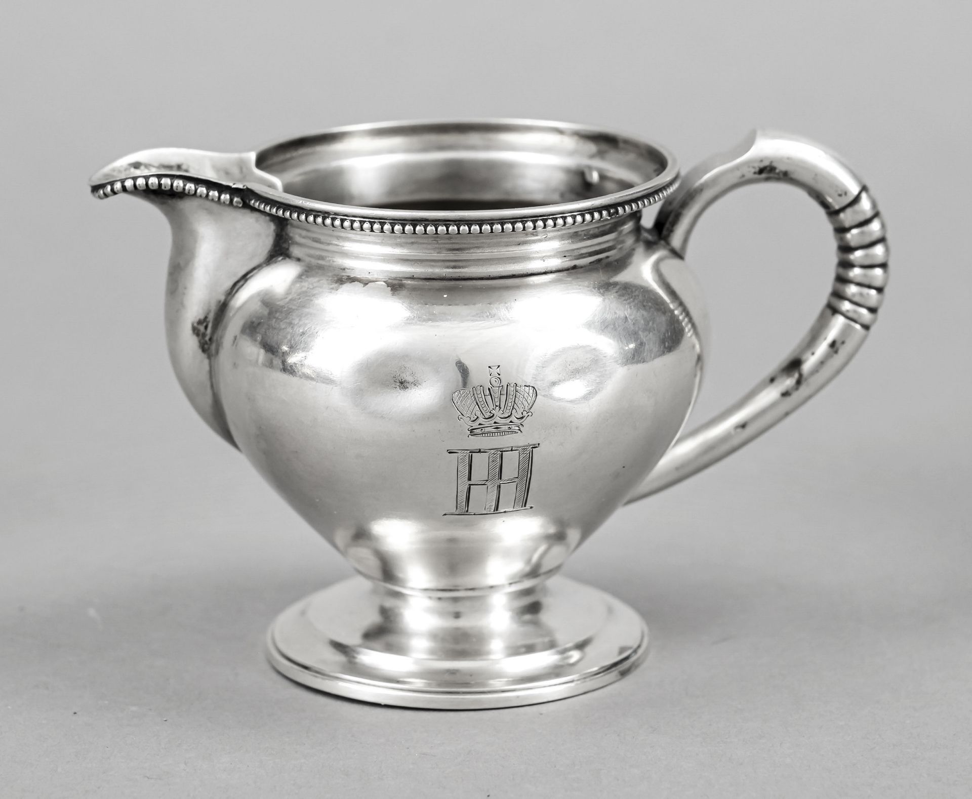 Cream jug, hallmarked Russia, 1895, MZ, silver 84 zolotniki (875/000), round stepped stand,