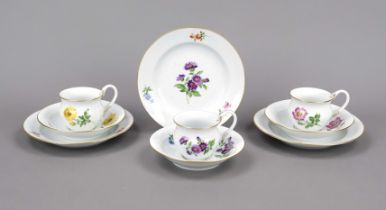 Three place settings, Meissen, after 1950, 2nd choice, 3 cups with swan-neck handle and saucer, h.