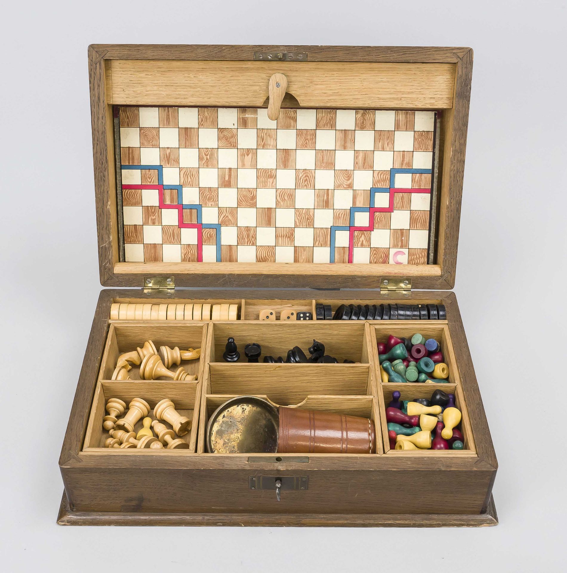 Game collection, c. 1930, hinged lid box, oak body, inside compartmentalized with various game