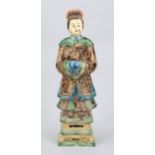 Figure of a woman with a rooster on her arm, China, probably Ming period. Polychrome painted and