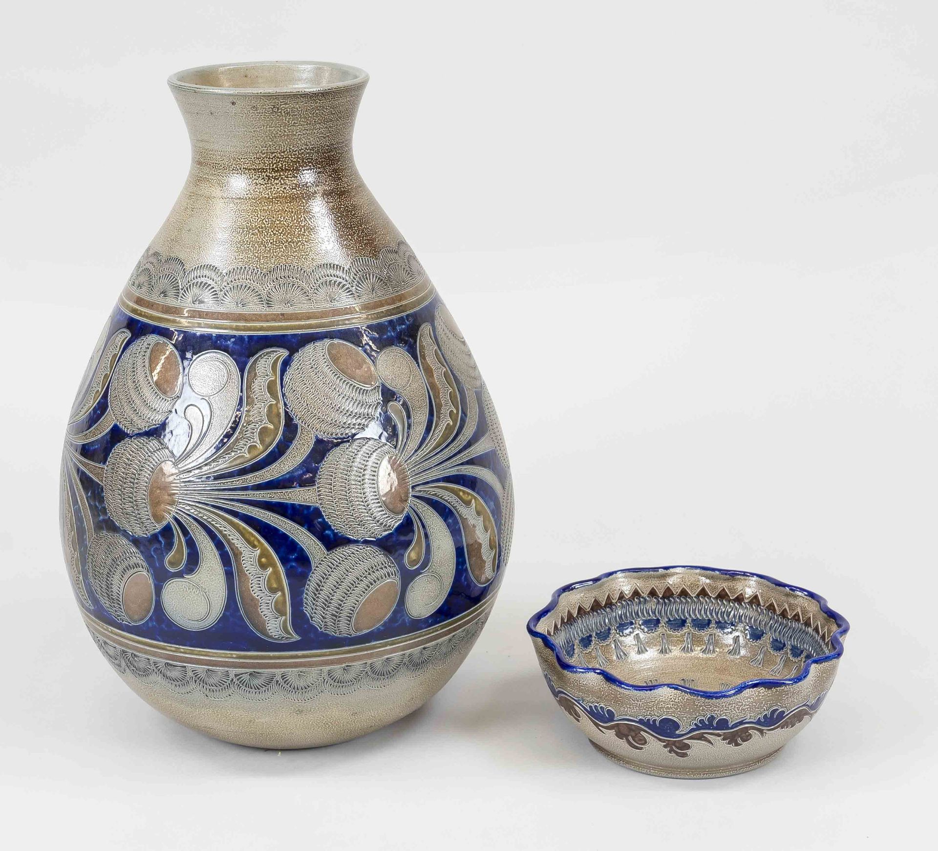 Large vase and bowl with wavy rim, Westerwald stoneware, 20th century, cut and incised decoration,