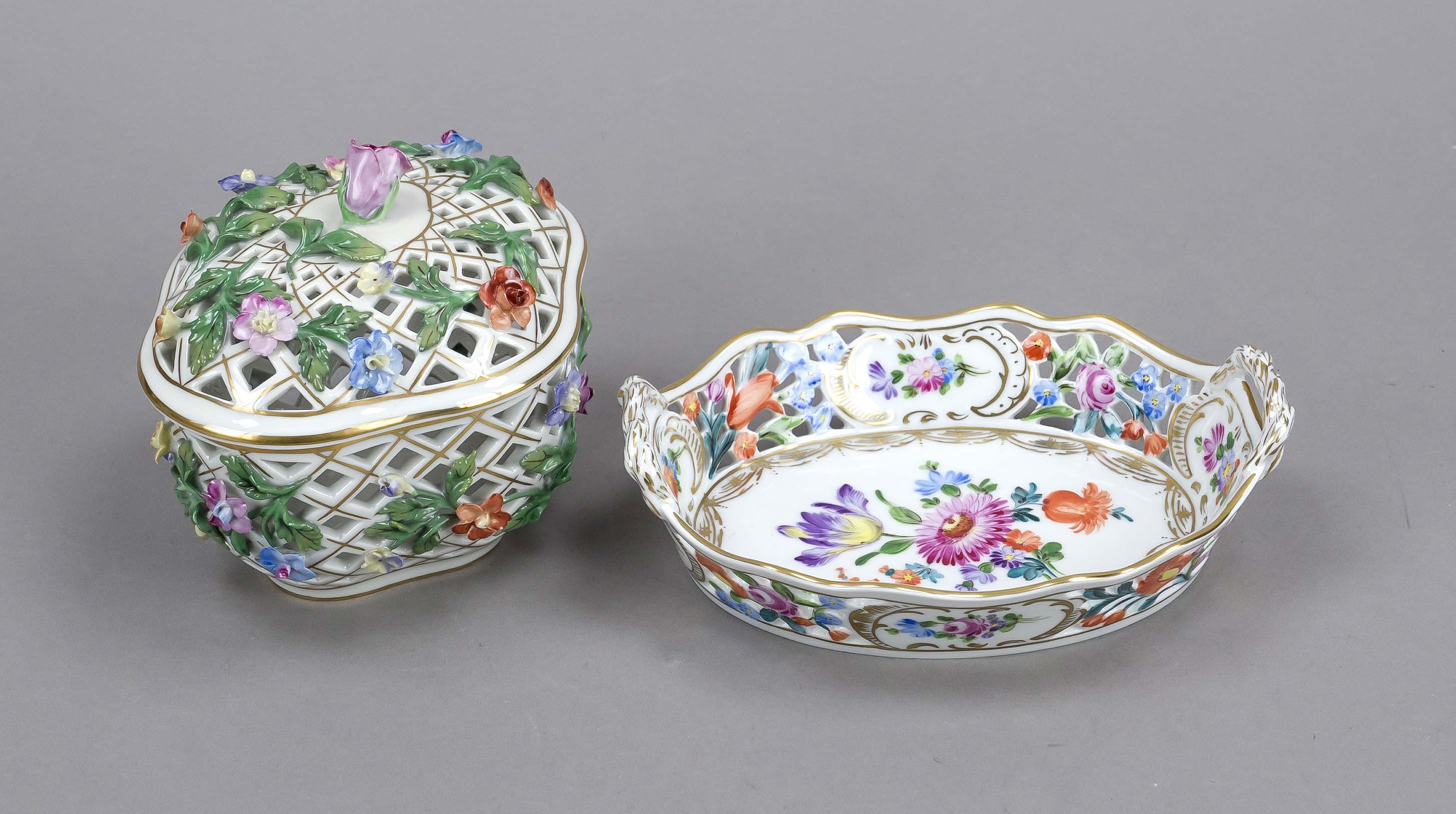 Bowl and lidded box, Potschappel, Dresden, 2nd half of the 20th century, each with openwork walls,