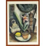 Monogrammist c. 1930, Still life with cactus and ethnological objects, watercolor on paper,