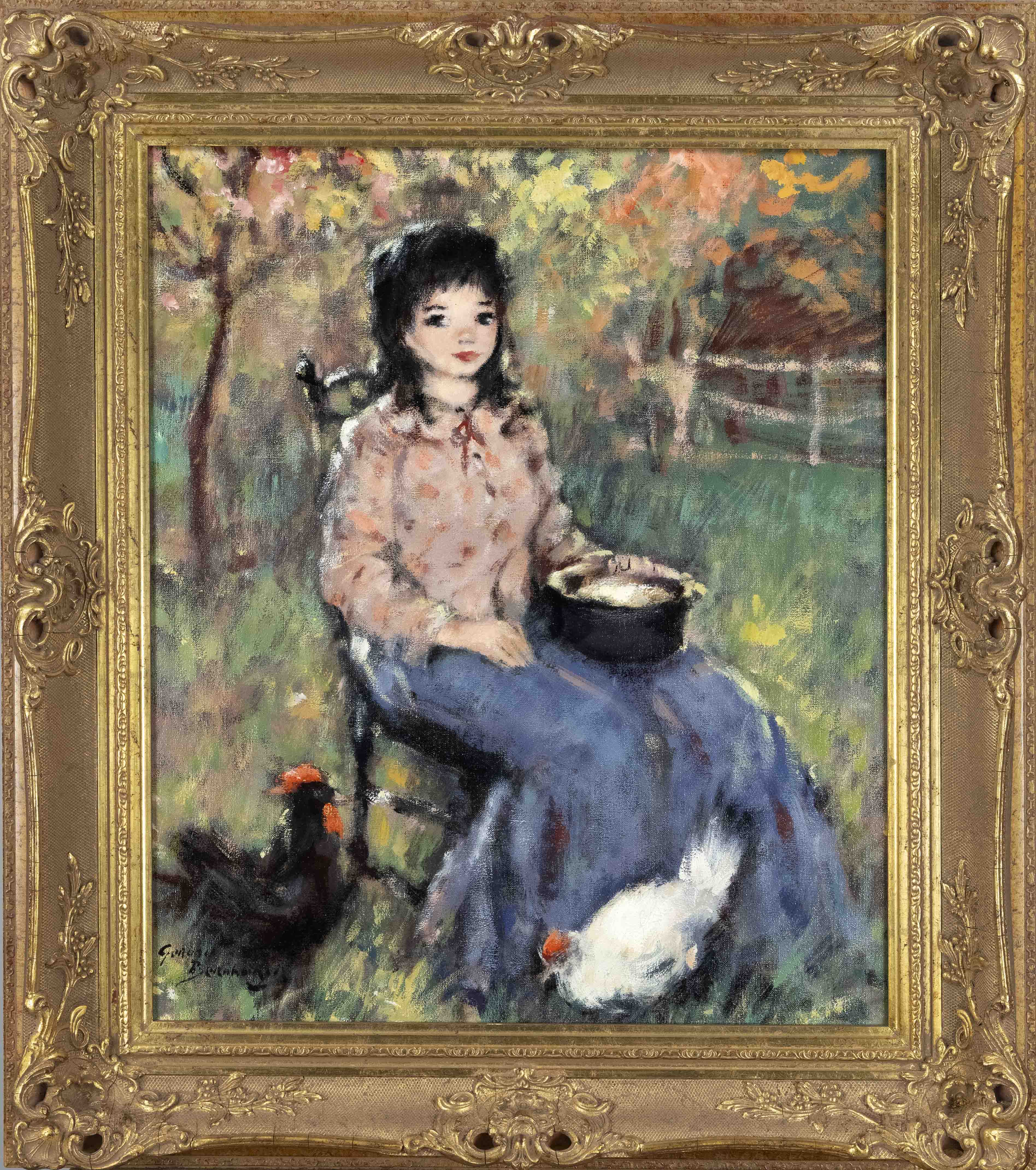 signed Gerard Bernhard, mid 20th century, Girl sitting in a garden with chickens, oil on canvas,
