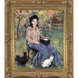 signed Gerard Bernhard, mid 20th century, Girl sitting in a garden with chickens, oil on canvas,