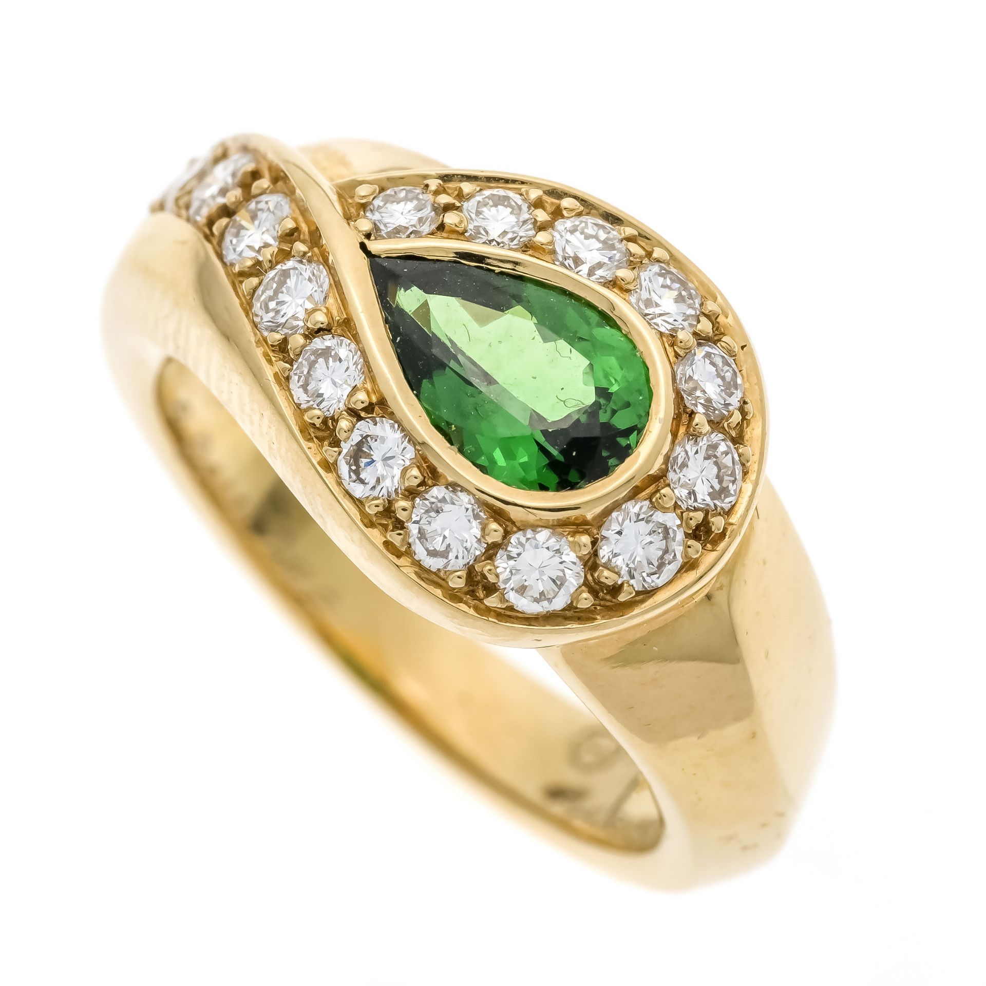 A tsavorite-brilliant ring, GG 750/000, with a faceted drop of tsavorite 1.3 ct in a luminous green,