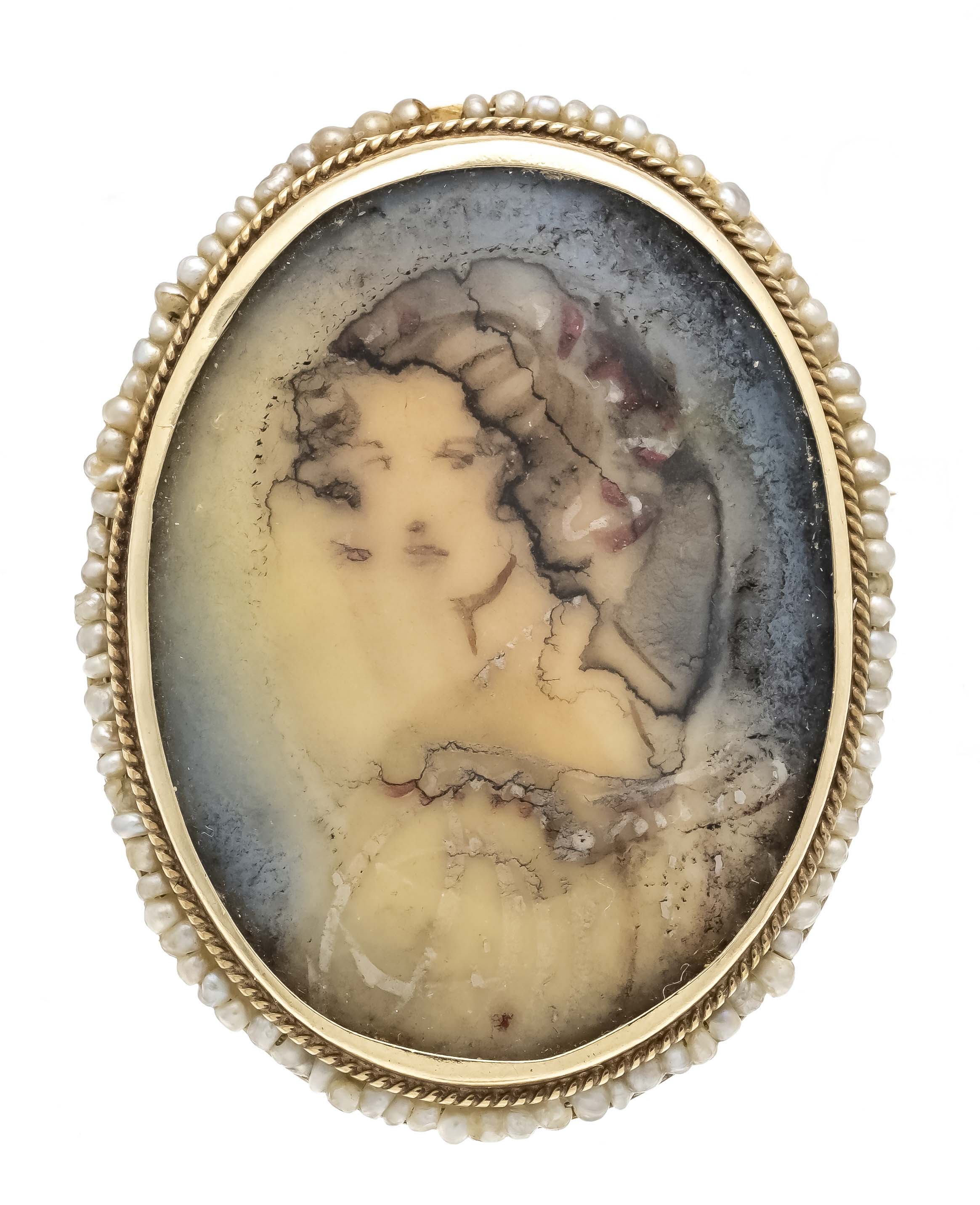 Miniature pendant / brooch circa 1900 GG 585/000 with a fine oval watercolor miniature, portrait