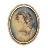 Miniature pendant / brooch circa 1900 GG 585/000 with a fine oval watercolor miniature, portrait