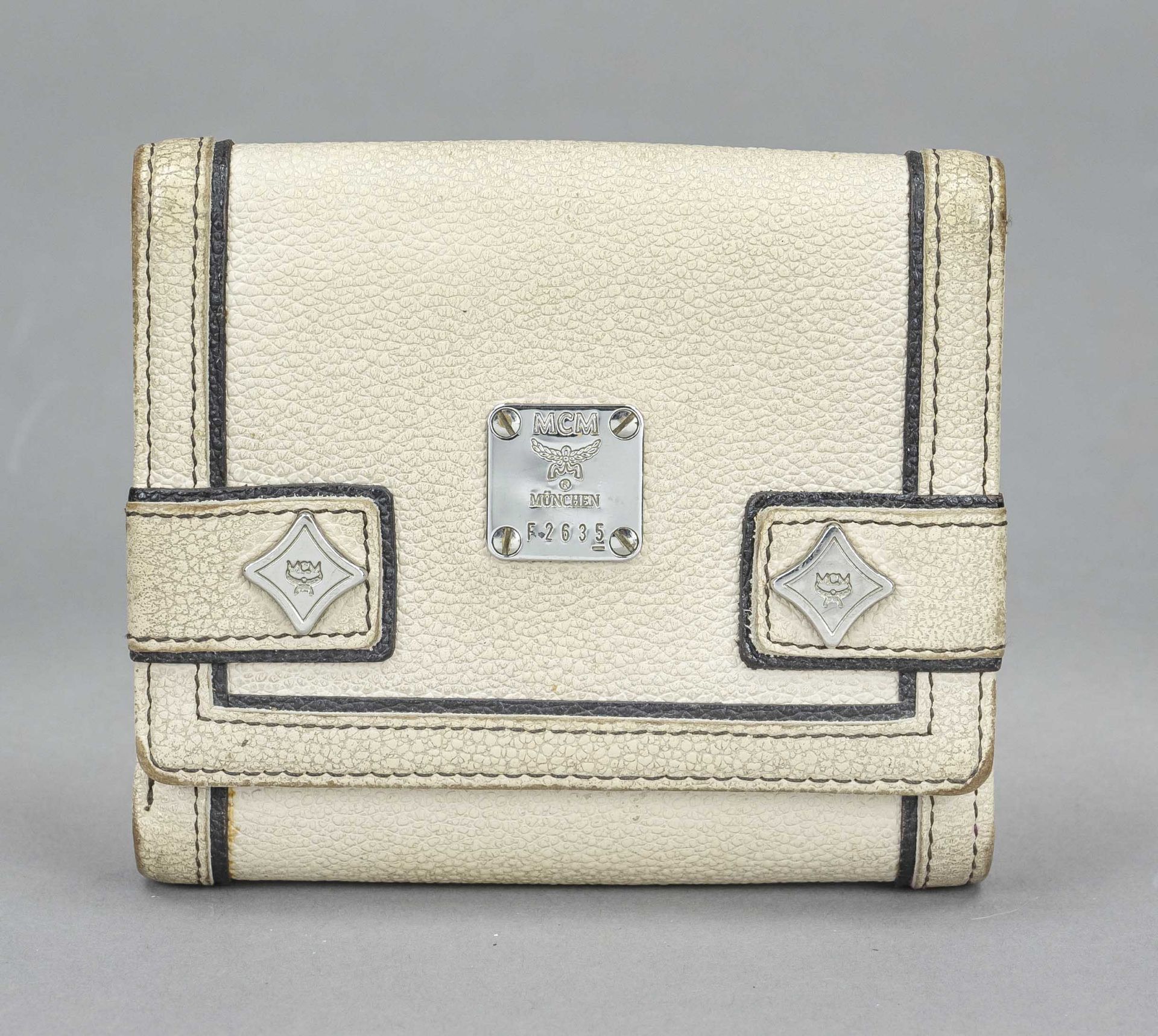 MCM, vintage wallet, sand-colored grained leather with dark contrasting edges, silver-colored