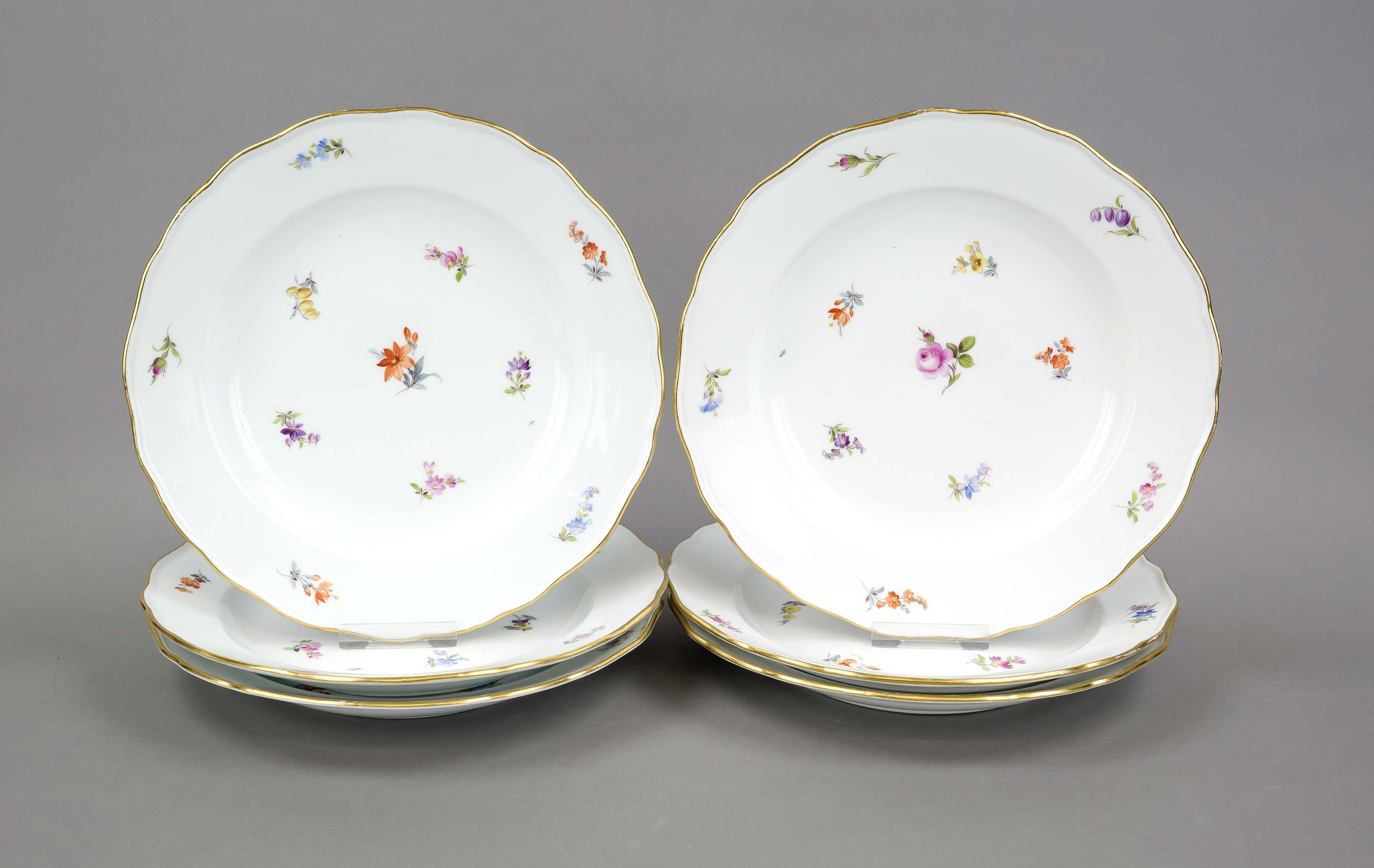 Six dinner plates, Meissen, Knauff Schwerter, mark 1850-1924, new cut-out shape, polychrome painting