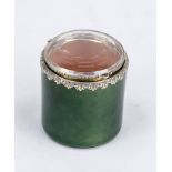 Round lidded jar, 19th century, brass/copper body, monochrome green enamel on the outside, clear