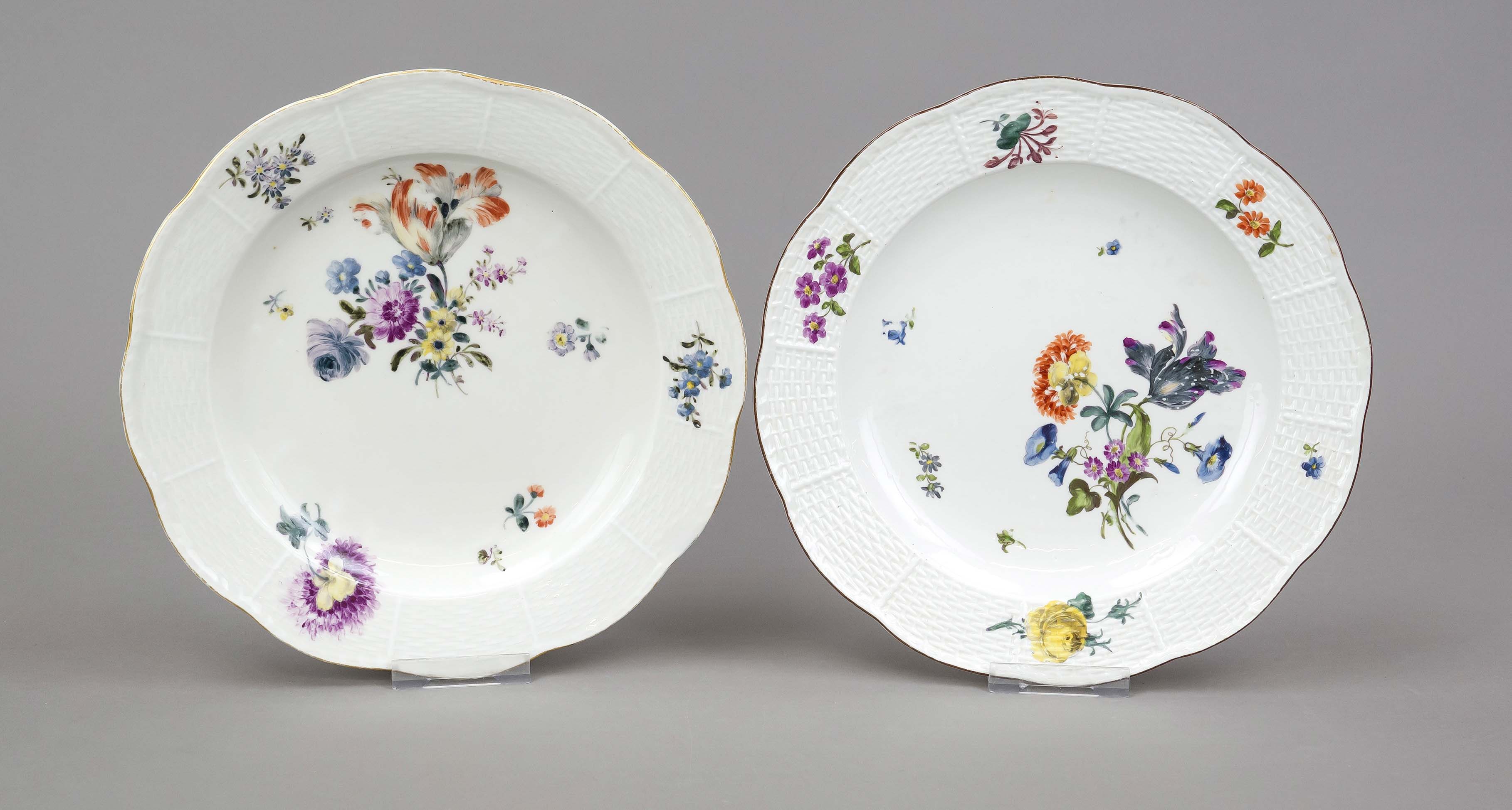 Two plates, Meissen, 18th century, 1st choice, ozier form, polychrome flower painting, brown and