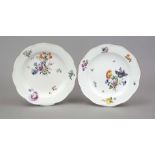 Two plates, Meissen, 18th century, 1st choice, ozier form, polychrome flower painting, brown and