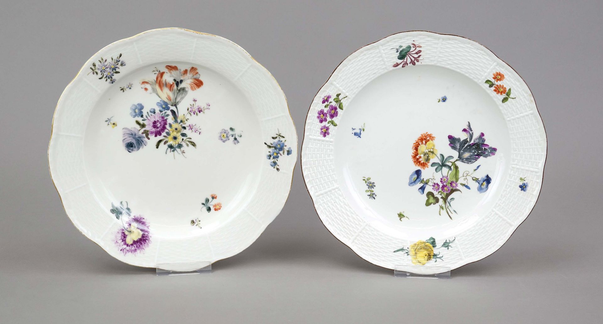 Two plates, Meissen, 18th century, 1st choice, ozier form, polychrome flower painting, brown and