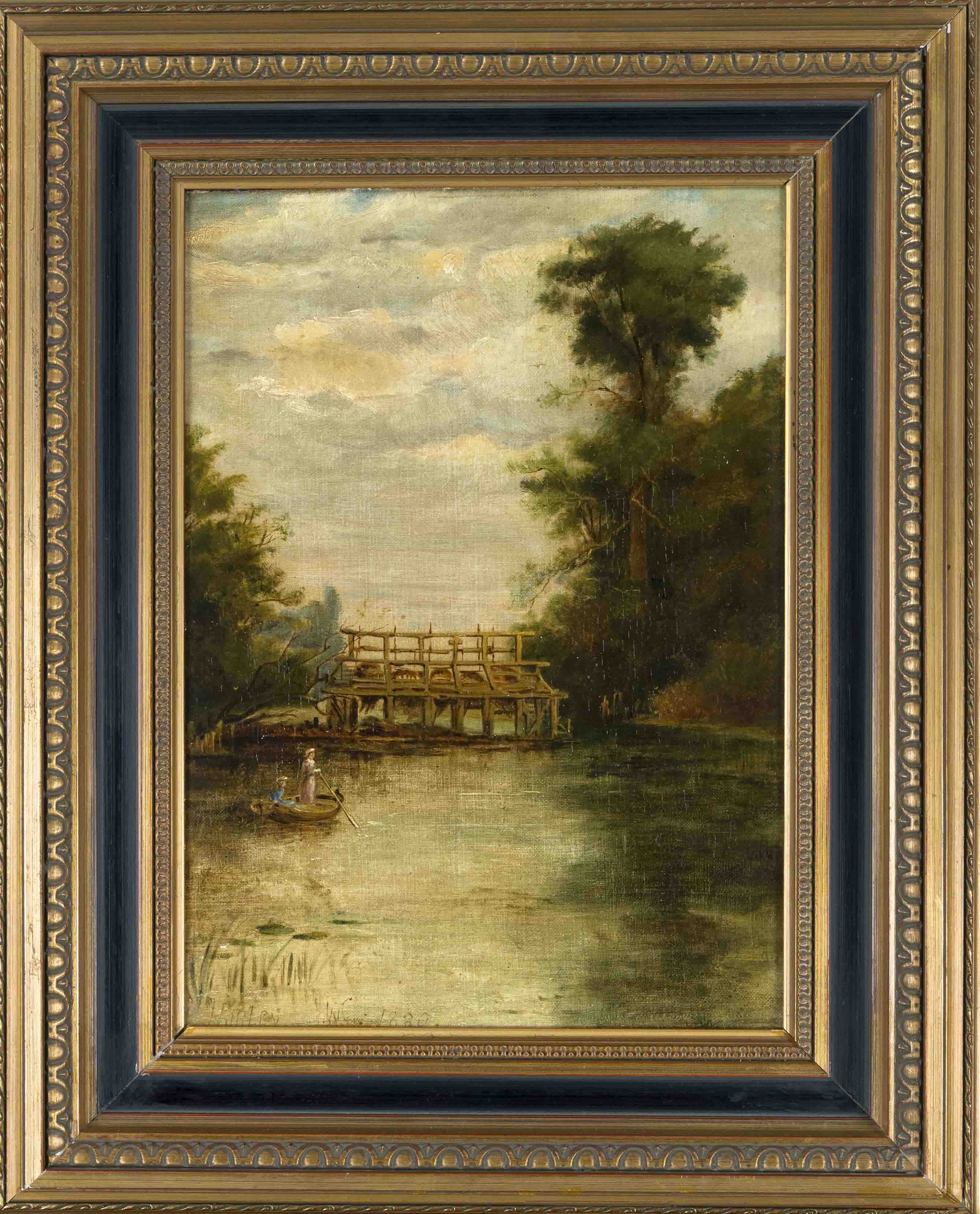 19th century landscape painter, Boat party on the lake, oil on canvas, illegibly signed and