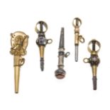 5 antique pocket watch keys, Biedermeier around 1840, with ratchet function, 2 times inlaid with