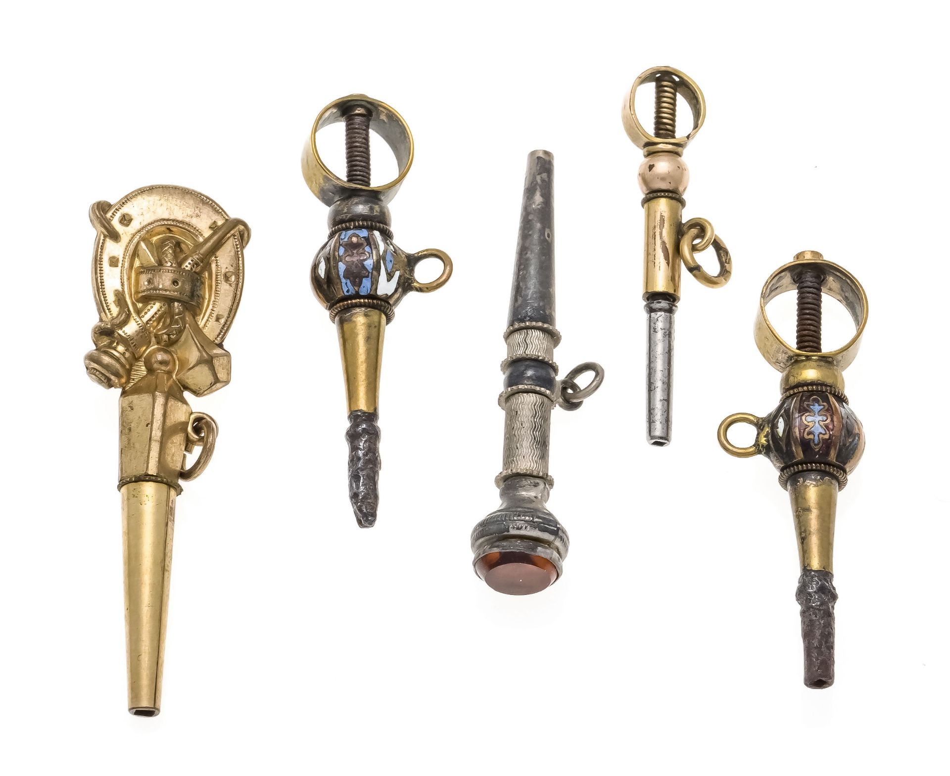 5 antique pocket watch keys, Biedermeier around 1840, with ratchet function, 2 times inlaid with