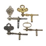 4 antique pocket watch keys, crank with joint, various materials ( silver, silver-plated, gold-