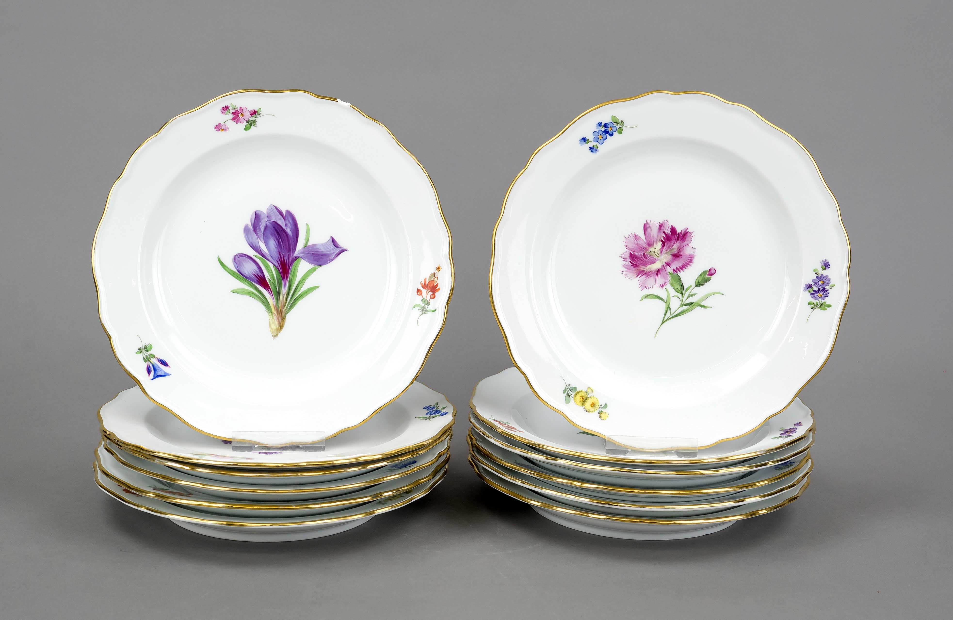 12 hors d'oeuvre plates, Meissen, 20th century, Pfeiffer period and later, 2nd choice and Deputat,