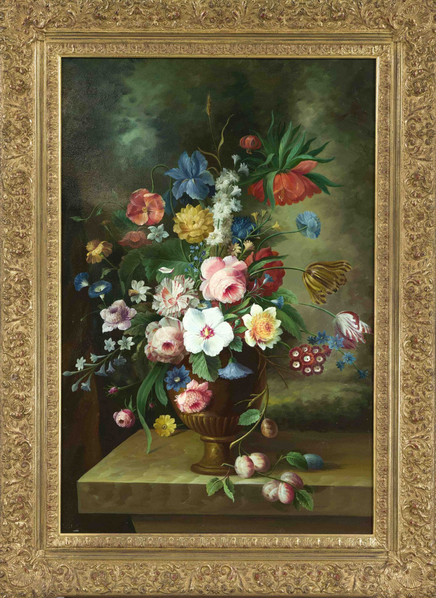 Anonymous flower painter late 20th century, large floral still life, oil on canvas, unsigned, 90 x