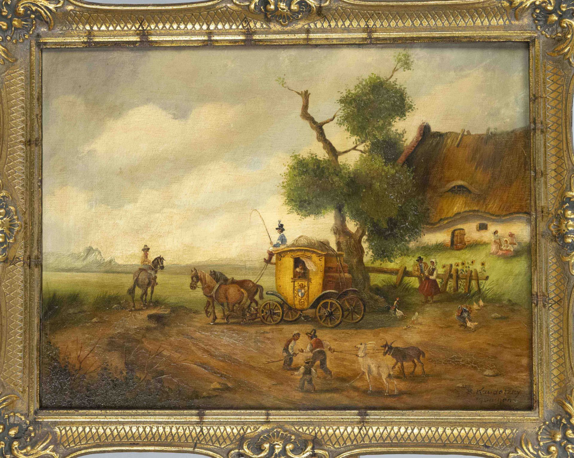 Bogdan Kaudetzky (1898-1964), Munich genre painter, Landscape with a carriage with a passenger