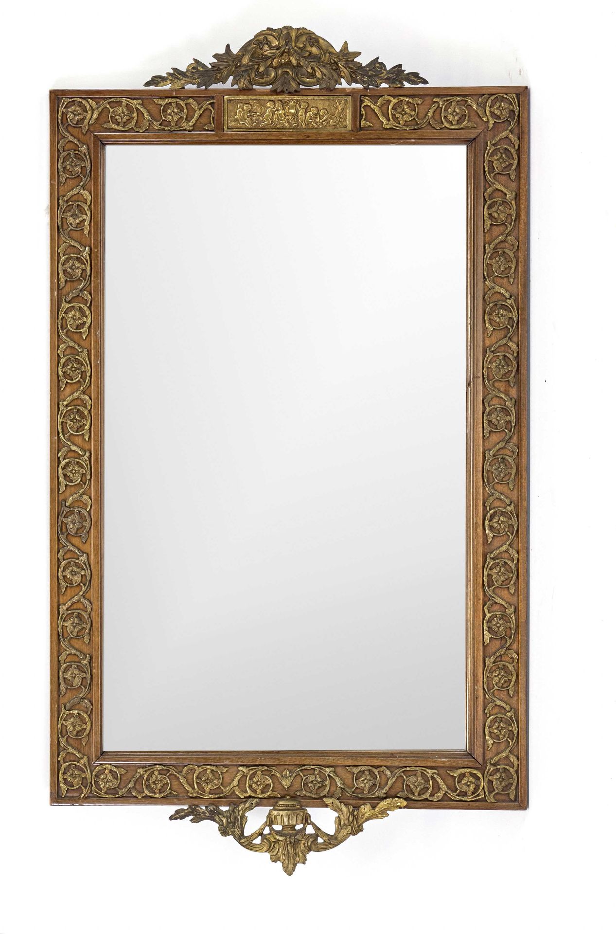 Wall mirror in neoclassical style, 20th century, wooden frame with bronze applications, 102 x 58 cm