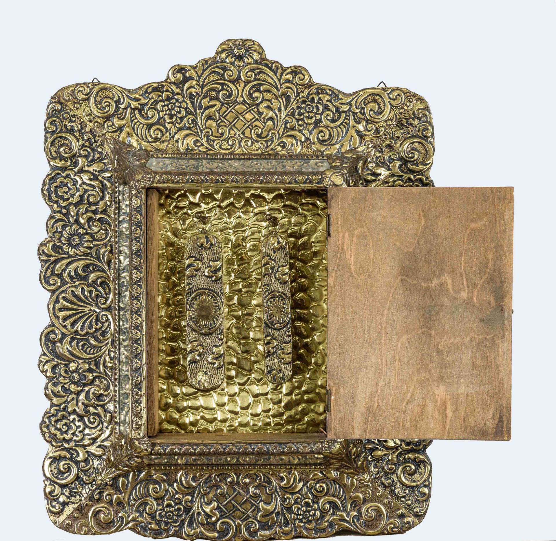 Wall cabinet with mirror, Holland, late 19th century, brass on wood, mirror glass. Inside 2 - Image 2 of 2