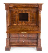 Biedermeier standing secretary around 1820, mahogany, straight 3-tier body flanked by full