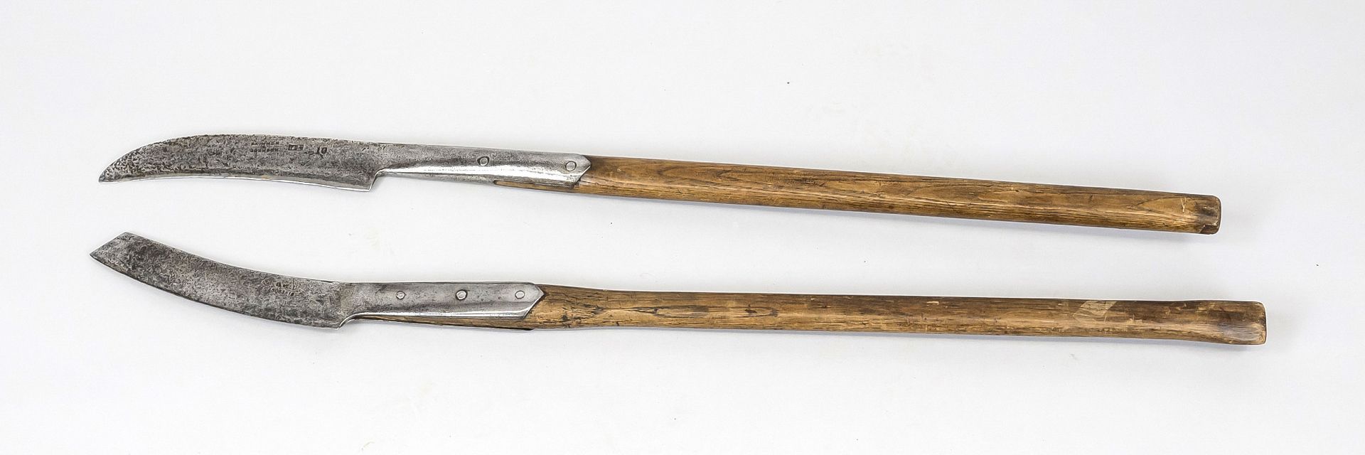 2 Flens knives or bacon knives, 19th century, wood and iron. Special, long-handled knives (so-called