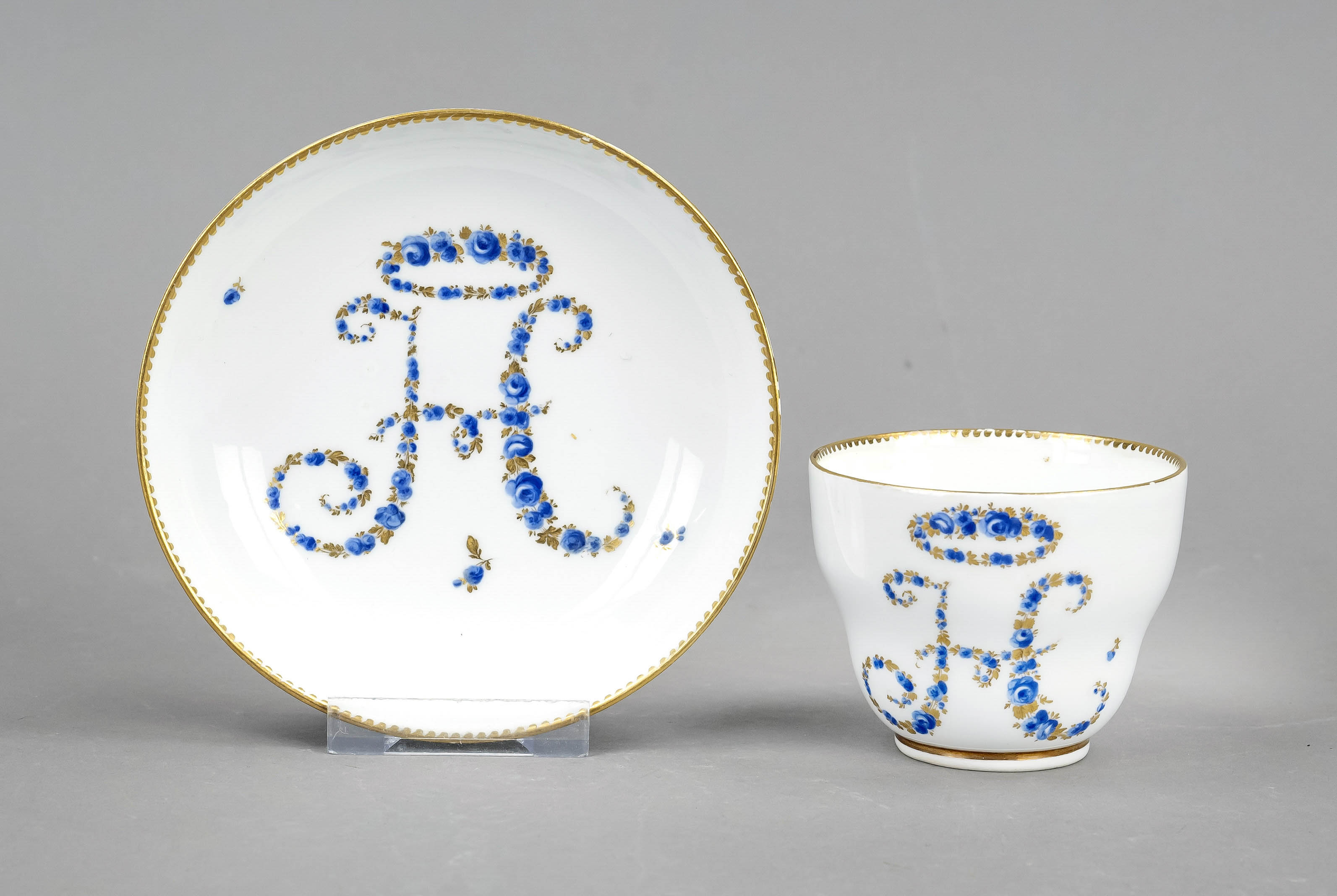 Coffee cup with saucer, Meissen, Marcolini mark 1780-1814, 1st choice, double branch handle,