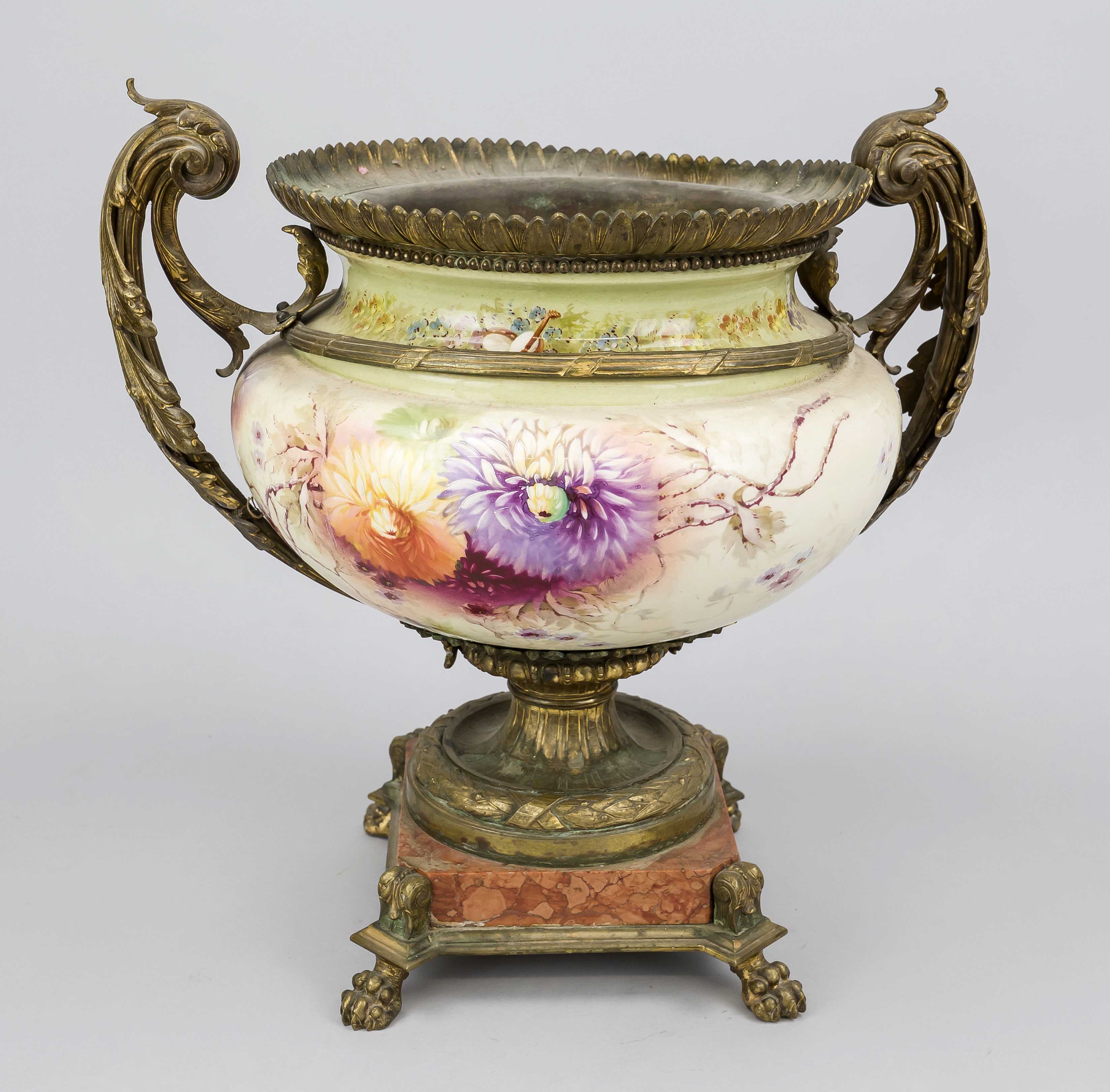 Magnificent cachepot, late 19th century, metal vase with polychrome enamel painting of flowers on