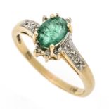 Emerald diamond ring GG/WG 585/000 with an oval faceted emerald 7.0 x 5.2 mm green, translucent