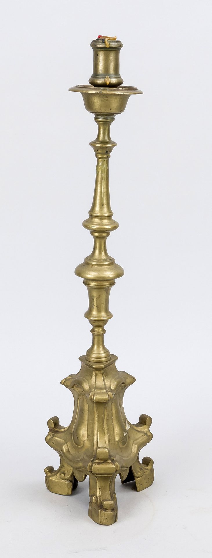 Candlestick, 18th/19th century, bronze. Trefoil base, balustrated shaft, slightly rubbed & bumped,