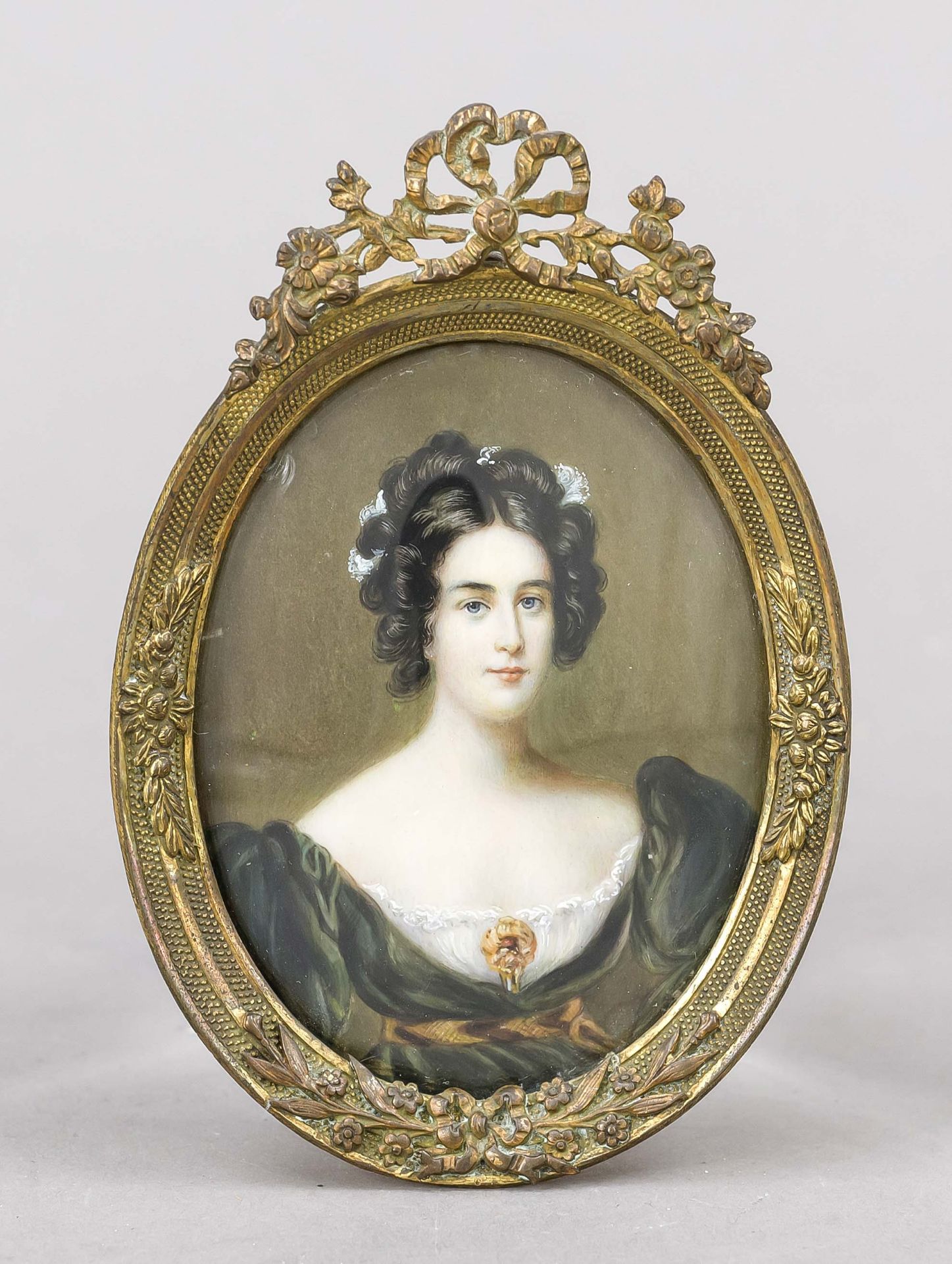 Miniature, 19th century, polychrome tempera painting on a bone plate, unopened, oval portrait of