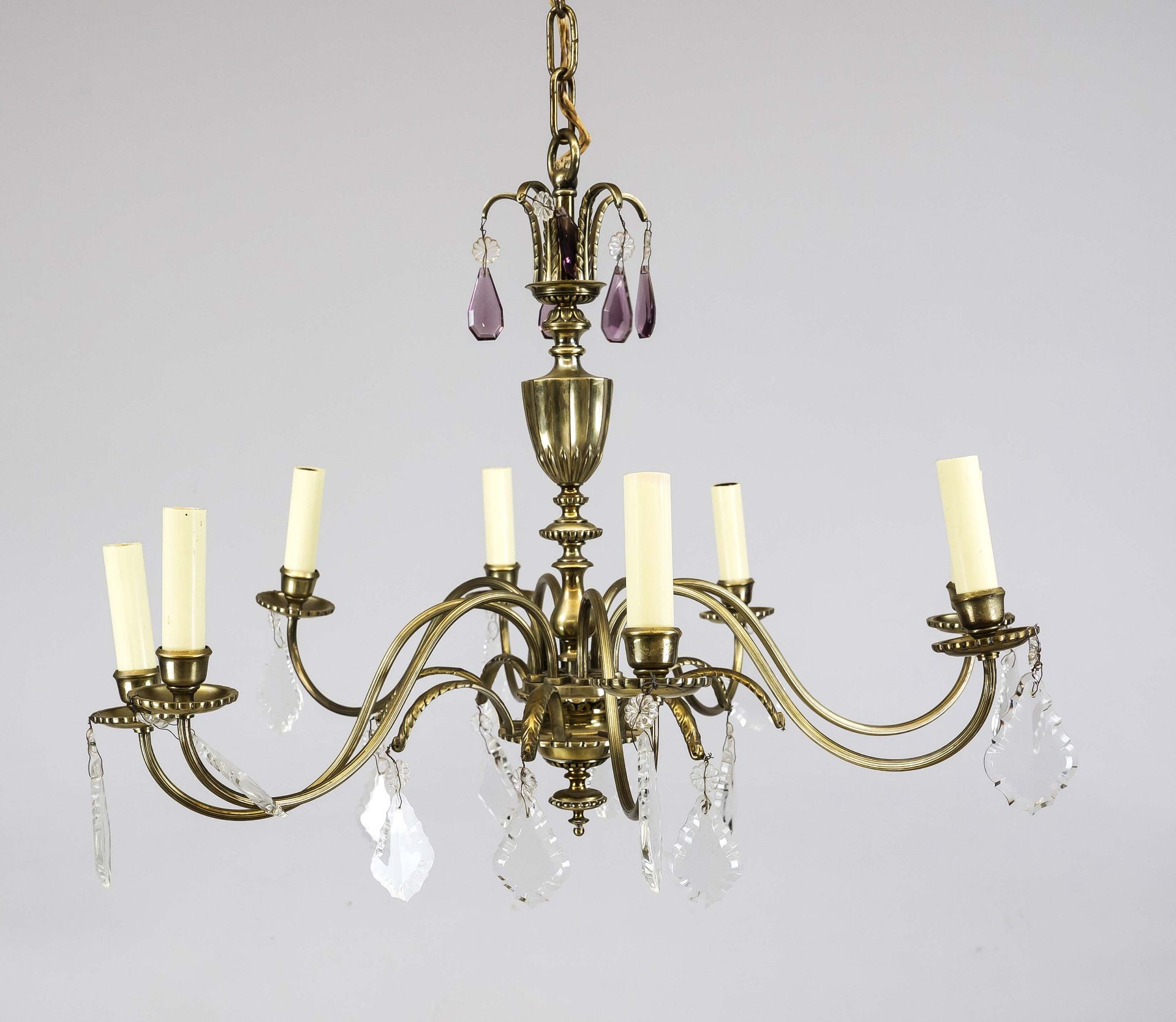 Ceiling lamp, 20th century, balustrated central console with 8 perennial chandelier arms with candle