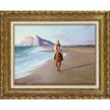 R. Herrera, late 20th century, Horsewoman on a lonely beach, oil on canvas, signed lower right, 54 x