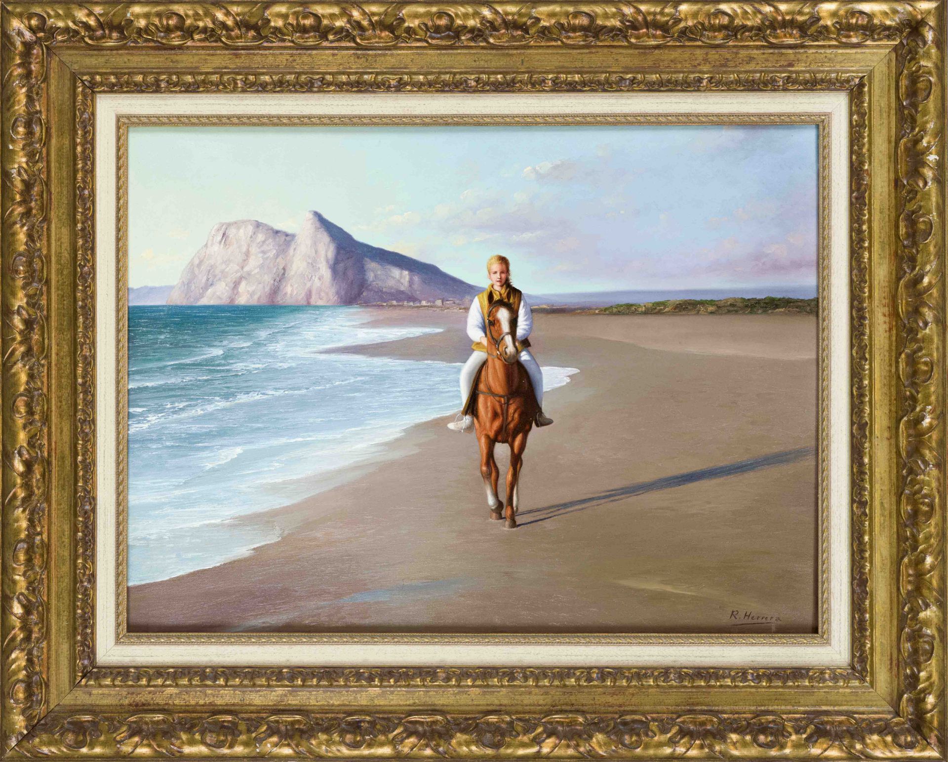 R. Herrera, late 20th century, Horsewoman on a lonely beach, oil on canvas, signed lower right, 54 x