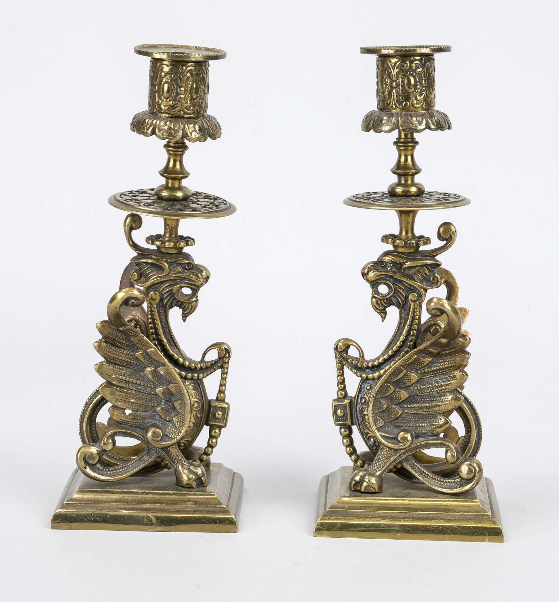 Pair of decorative candelabra in the shape of dragons, 19th century, bronze, h. 21 cm