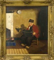 Hans Fenger (1893-1980), Hamburg artist, Accordion player in front of a tiled stove, oil on