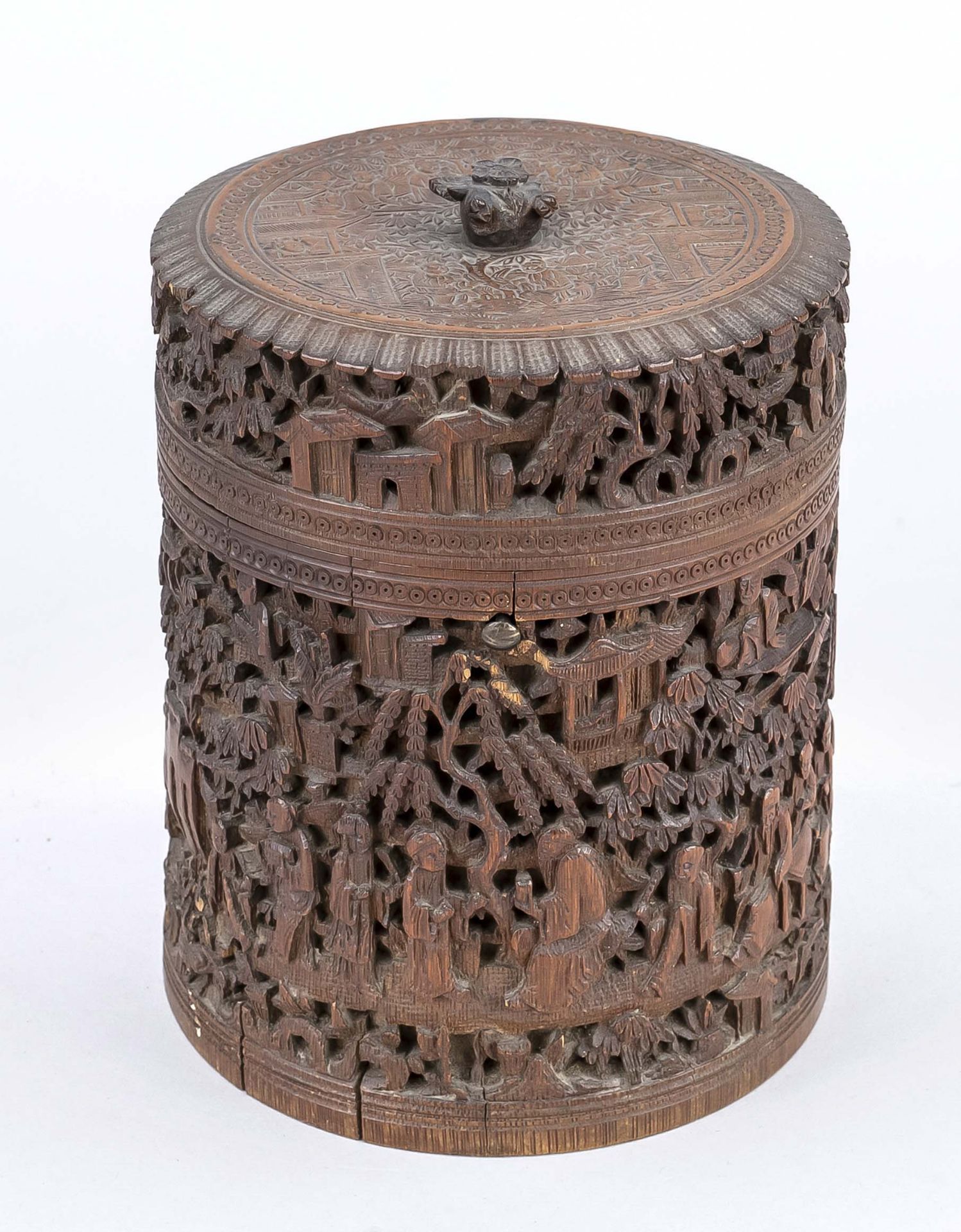 Tea caddy, China (Canton), around 1900, dark hardwood. Round body with hinged lid, carved all around