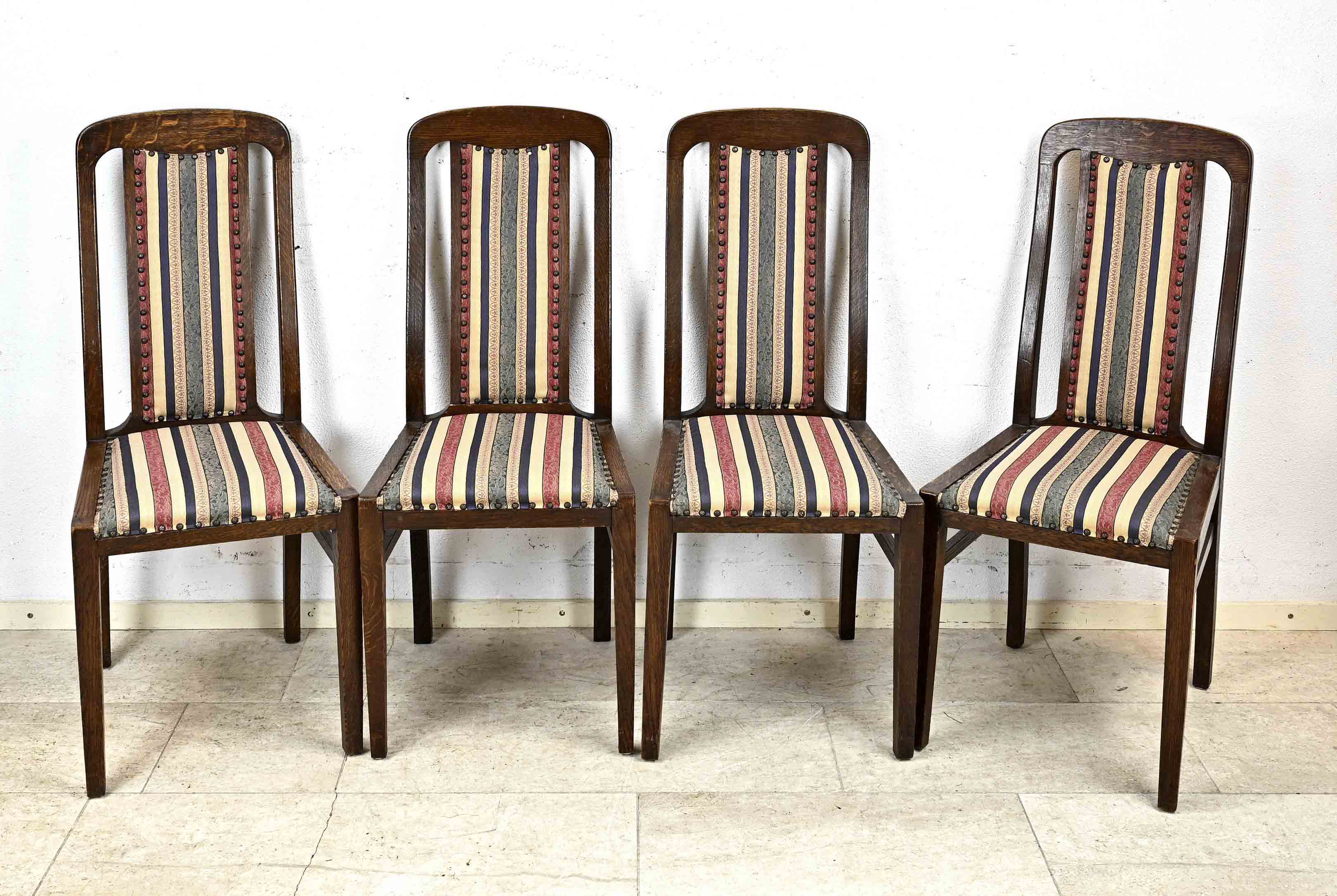 Set of 4 chairs, circa 1920, solid oak, newly upholstered and covered, 105 x 44 x 45 cm - The