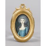 Oval miniature, French c. 1785, polychrome tempera painting on a bone plate. Young woman with