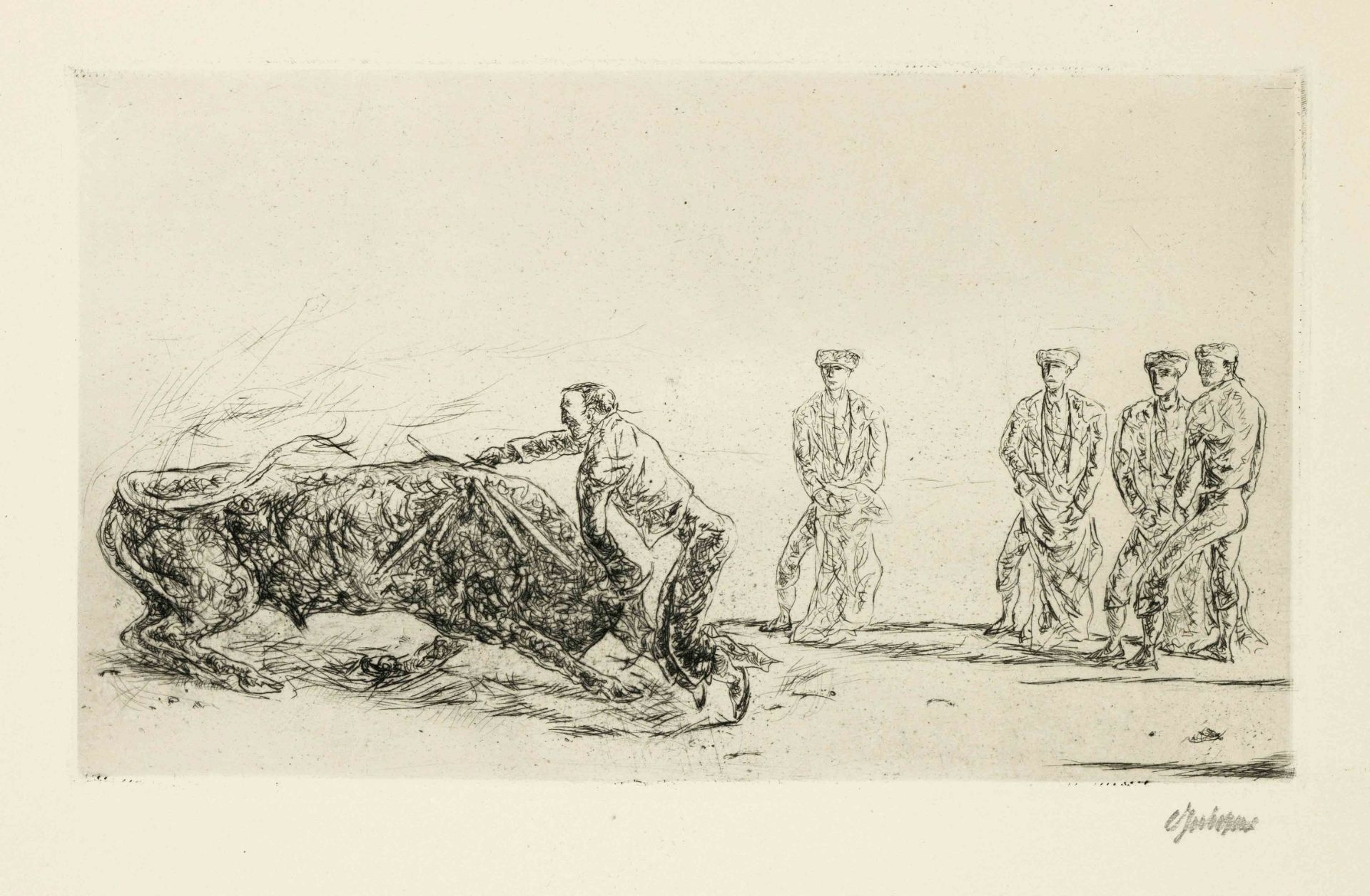 Willi Geiger (1878-1971), two prints: Bullfight, etching, and ''Zu Lucian - Hetärenbriefe'',